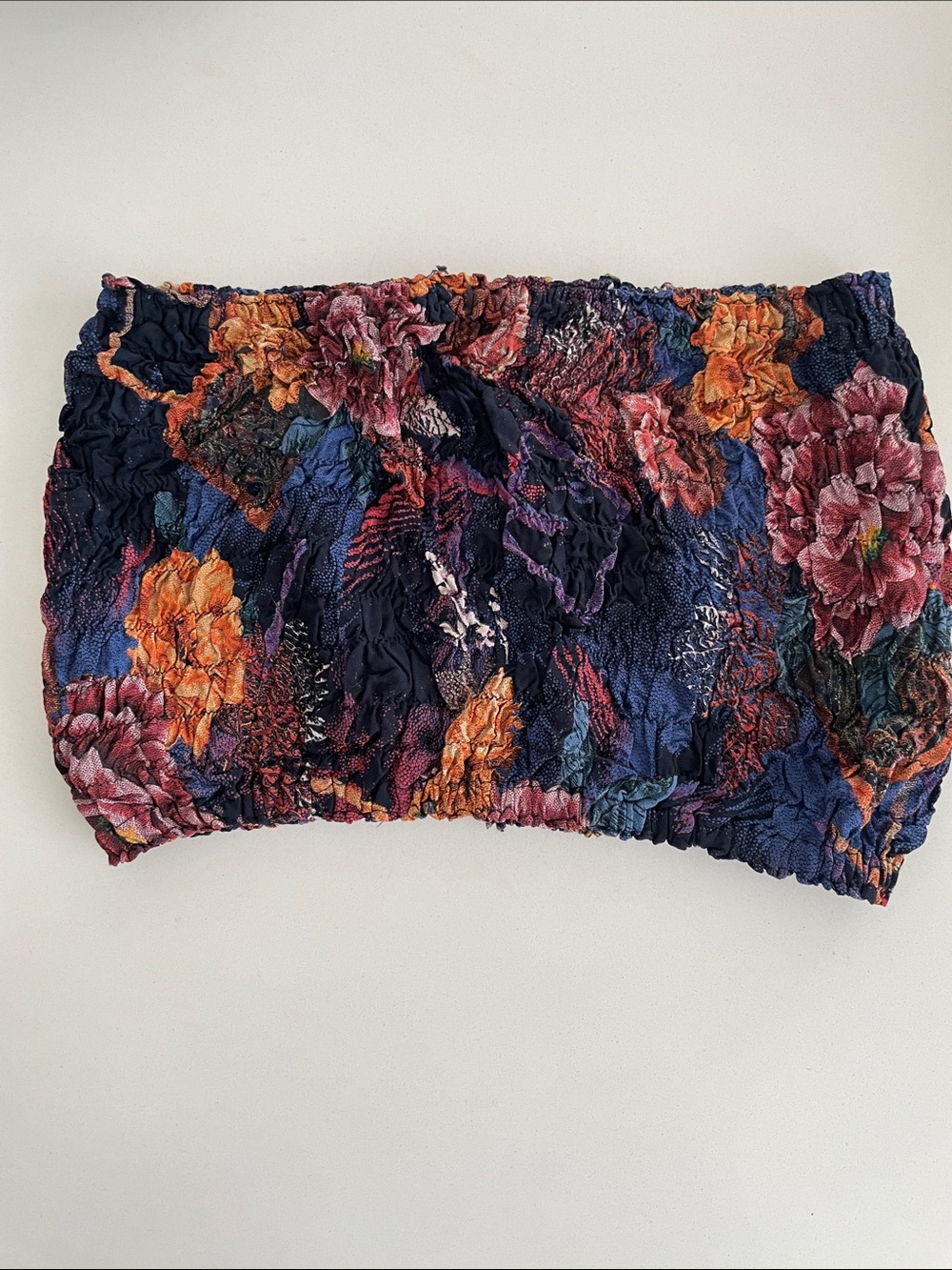 Smocked Floral Bandeau Top in Navy with Orange and Pink Blooms • Small